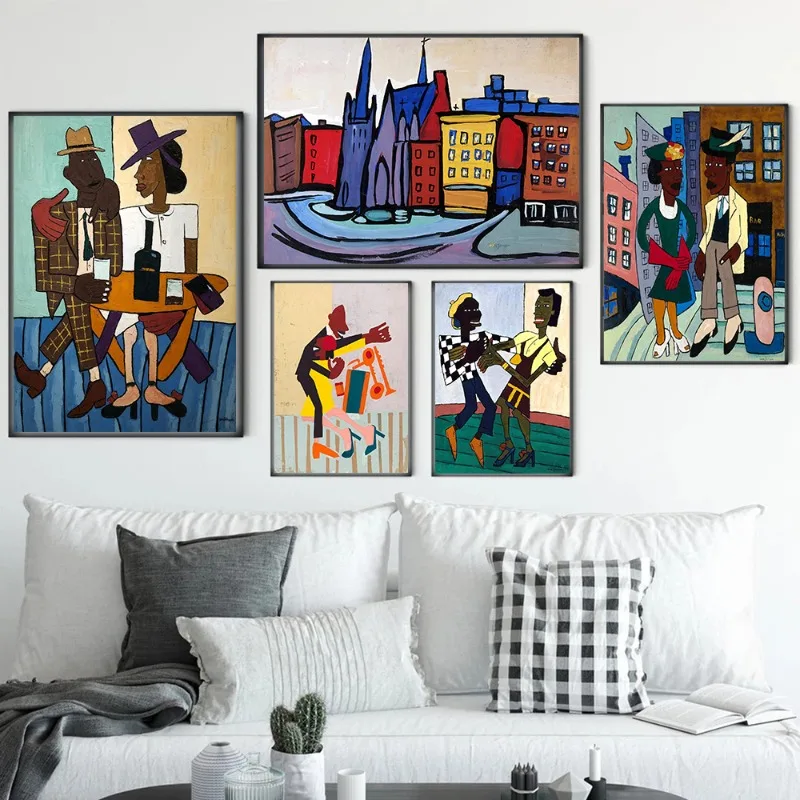 William H-Johnson Abstract Canvas Wall Art Jitterbugs Three Little Children Cafe Giclee Print Harlem Renaissance African Decor
