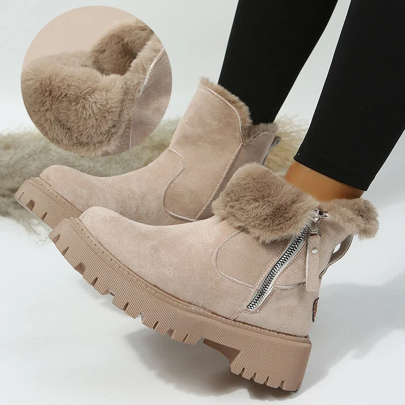 

Thick Plush Snow Boots Women Faux Suede Non-slip Winter Boots Woman Keep Warm Cotton Padded Shoes Platform Ankle Booties