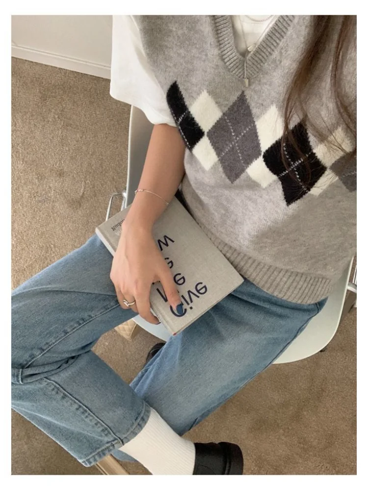 

Винтажный вязаный жилет Argyle, женский осенне-зимний короткий свитер с v-образным вырезом, винтажный пуловер без рукавов в консервативном стиле