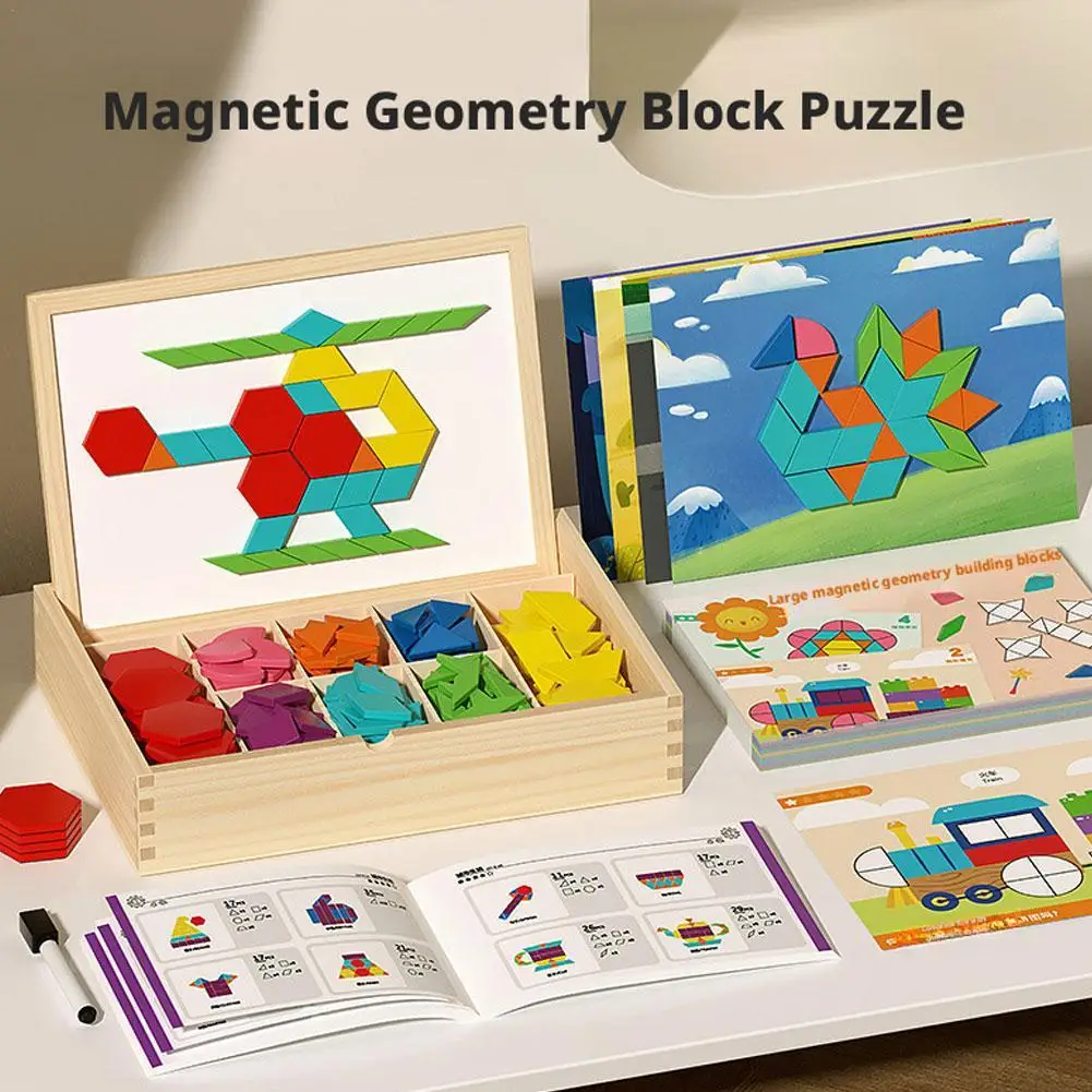 

Magnetic Wooden Puzzle Blocks Geometric Shapes Tear Off Design Cards Learning Toy Portable Storage Box Safe Educational Gift
