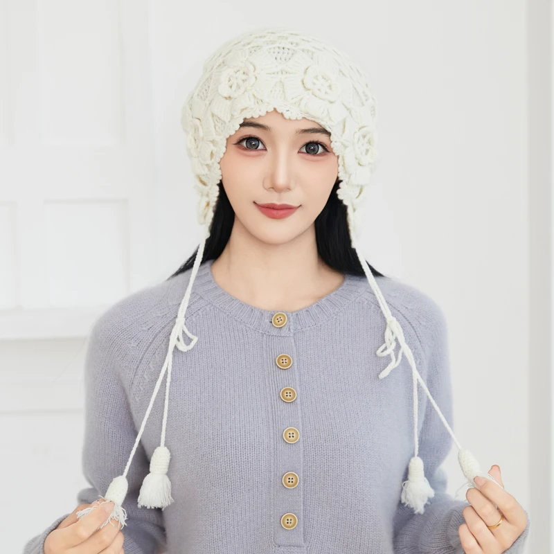 

100% Cashmere Hat Autumn Winter Double Layer Crochet Handmade Tassel Knitted Hat Ear Protection Versatile Warm Knitted Hat