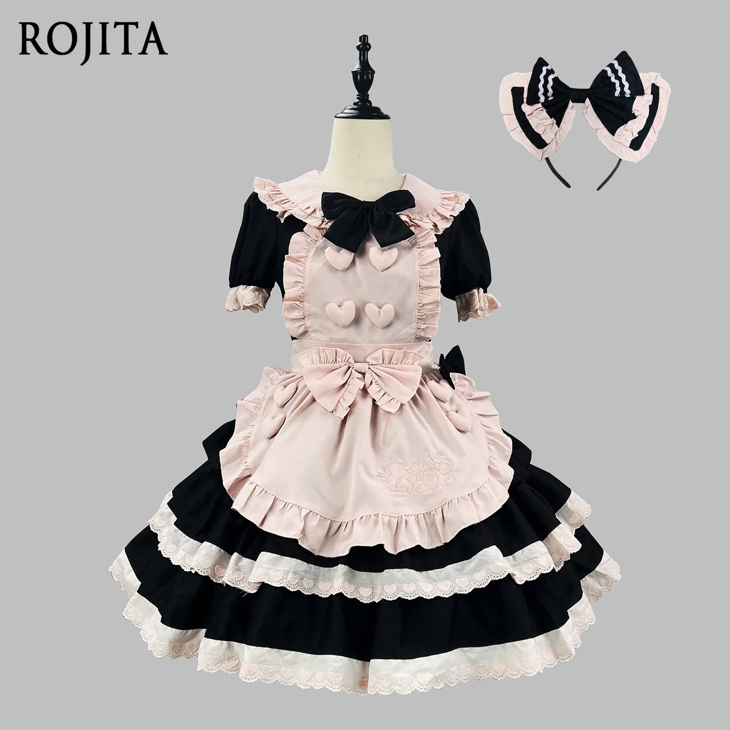 

Sweet Black Pink Maid Style Lolita Cute Sweet Girl OP Dress and Apron + Bowknot on Collar + Big Bow on Back + Hair Accessory