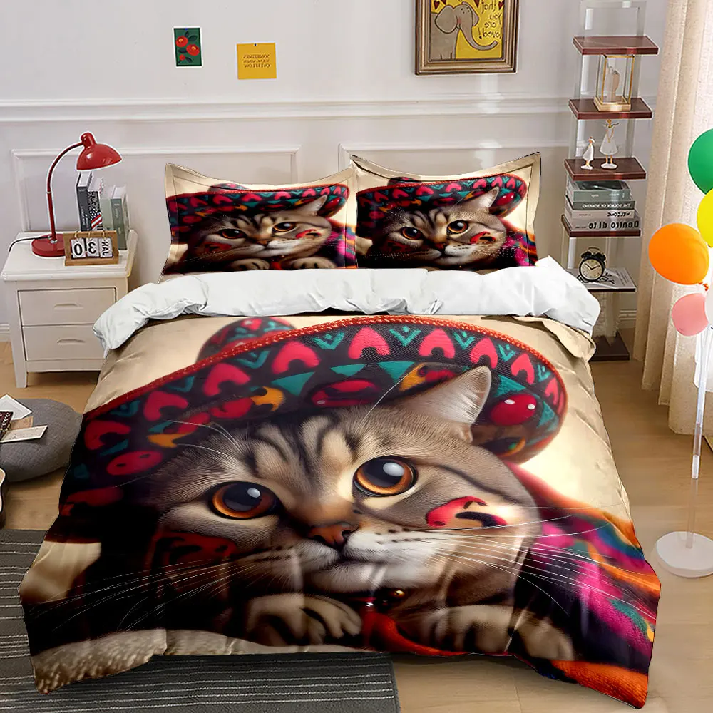 

Playful cat with colorful hat Print Bedding Set 1 Duvet Cover 2 Pillowcases for Adult and Children Luxury Gift Full Size