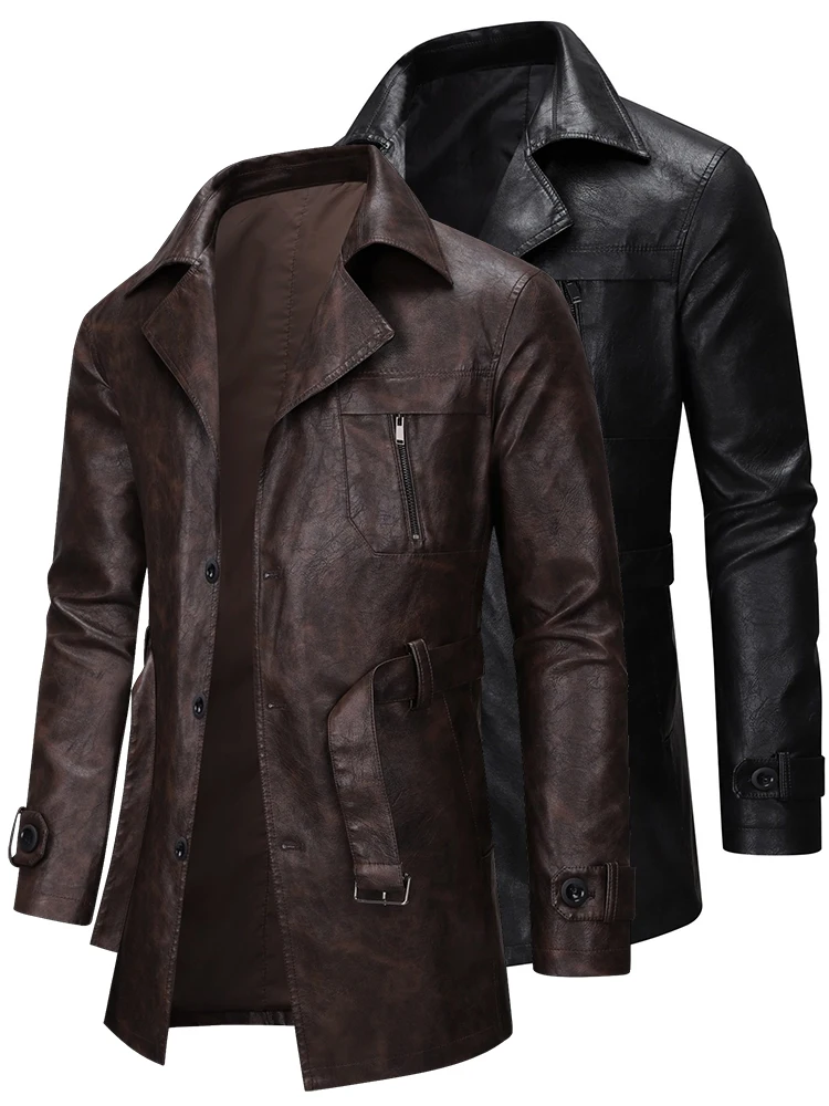 

Весенняя мужская куртка из искусственной кожи, городская модная модель с длинными рукавами, с поясом, устойчивая к сминанию, ветрозащитная, водонепроницаемая