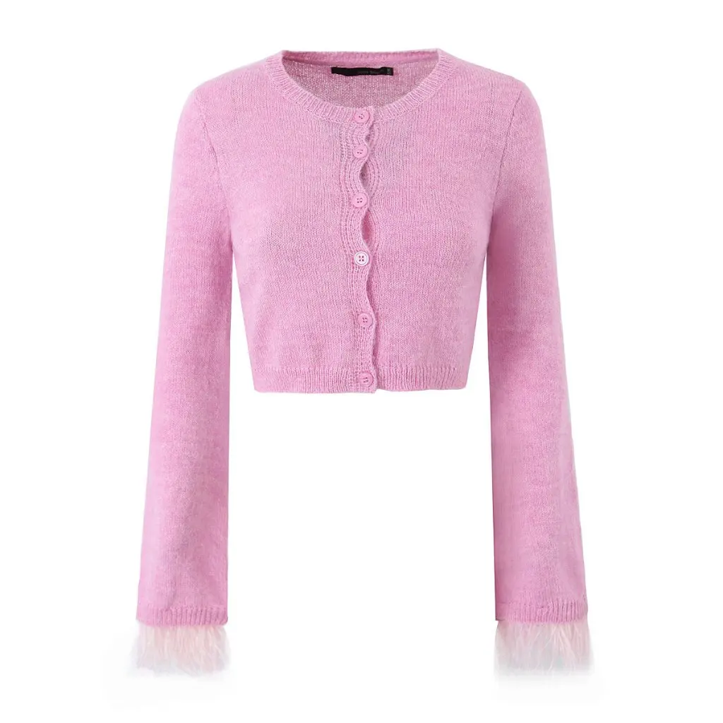 

Women's Short Knitted Cardigan Furry Stitching Slim Fit Button Top Hot Girl Style Autumn New Design for Ladies