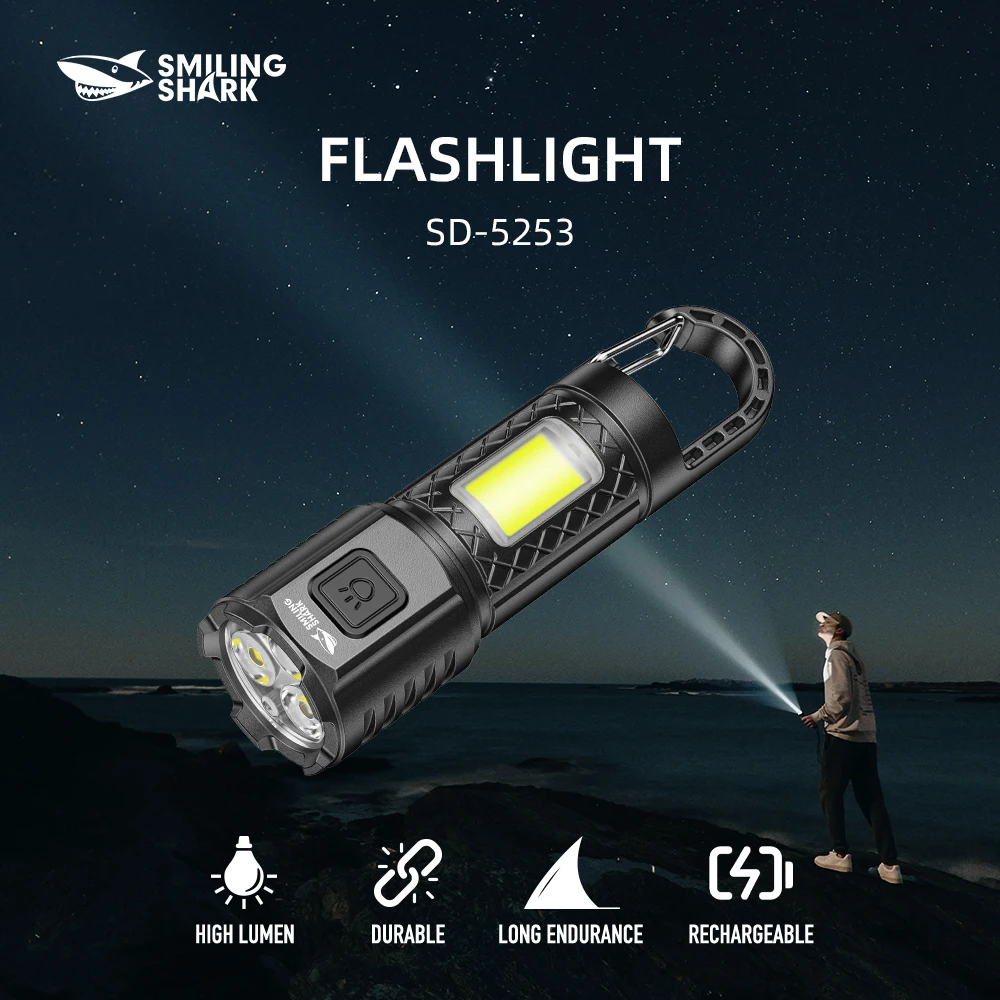 

Светодиодный фонарик Smiling Shark SD-5253, супер яркий ручной фонарик, долговечная перезаряжаемая вспышка для улицы