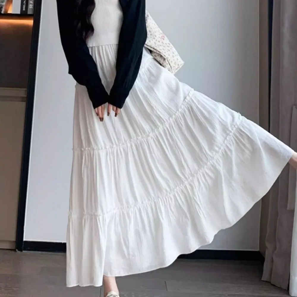 

Solid Color Ruffle Half Dress Skirt Women White Black with Ruffled Edges Long Cake Skirt High Waist Chic Half Dress