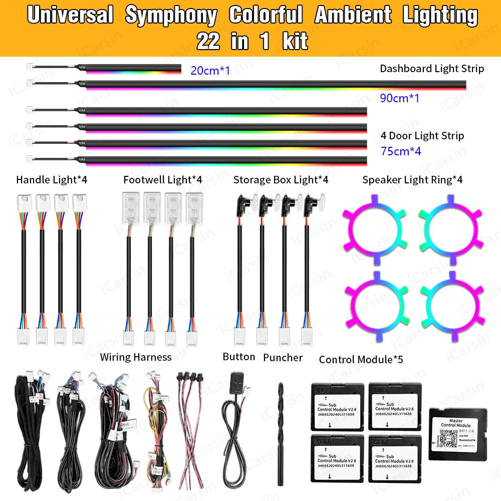 C2 64 لونًا ديناميكيًا سيمفونيًا عالميًا ضوء محيط للسيارة إضاءة جو LED داخلية 22 في 1 للتحكم في التطبيقات 18 في 1