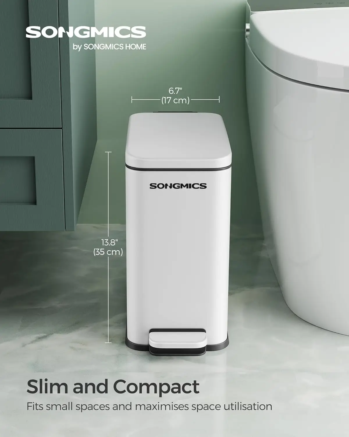 SONGMICS Bathroom Bin, 10L Small Bin with Lid, Pedal Toilet Bin, Slim for Small Spaces, Steel, Soft Close