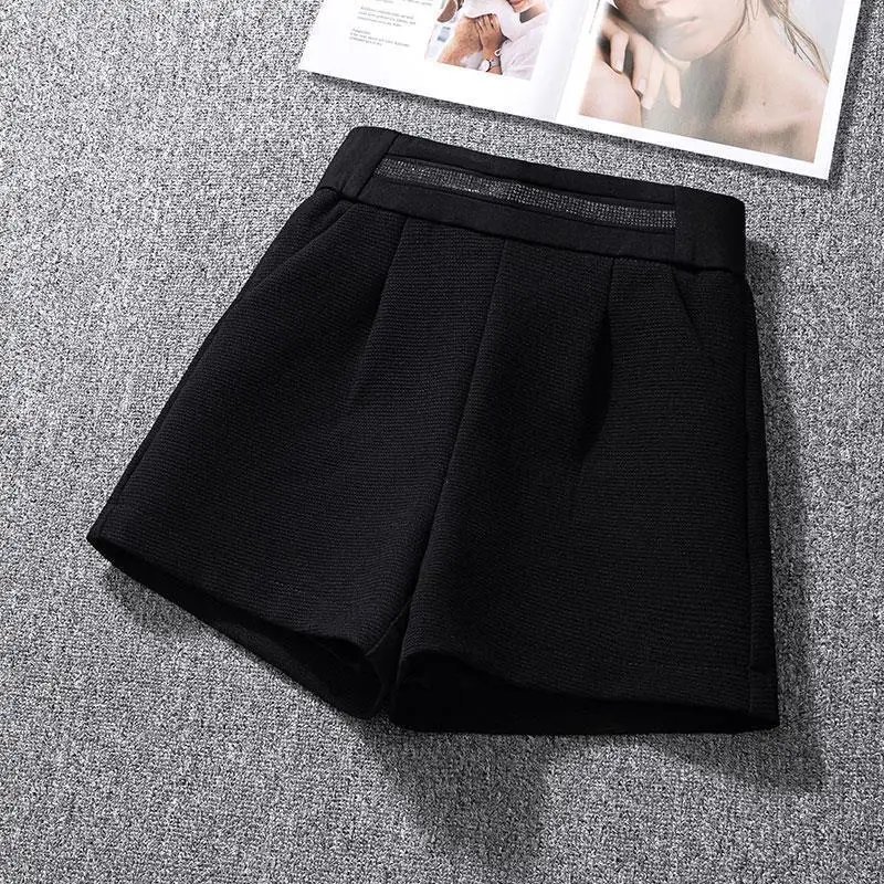 

Korean Casual Spring Women's Elastic High Waist Solid Diamonds Pockets Simplicity Fashion Loose Woolen Wide Leg A-line Shorts