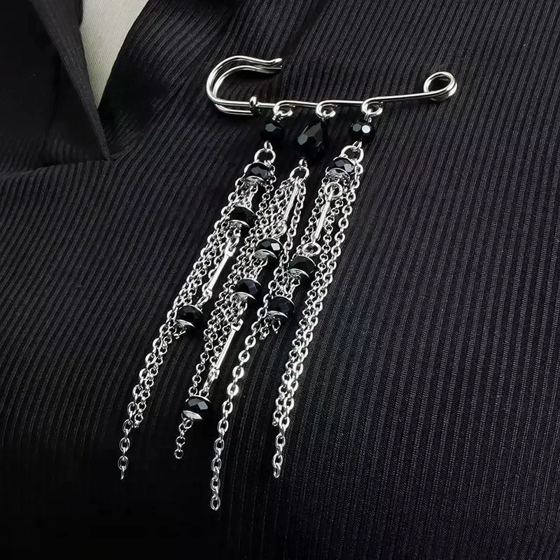 Exaggerated Water Droplet Fringe Tassel Chain Brooch Metal Chain Clothing Tie Pin Bead Fixed Ornament Banquet Party Jewelry Gift