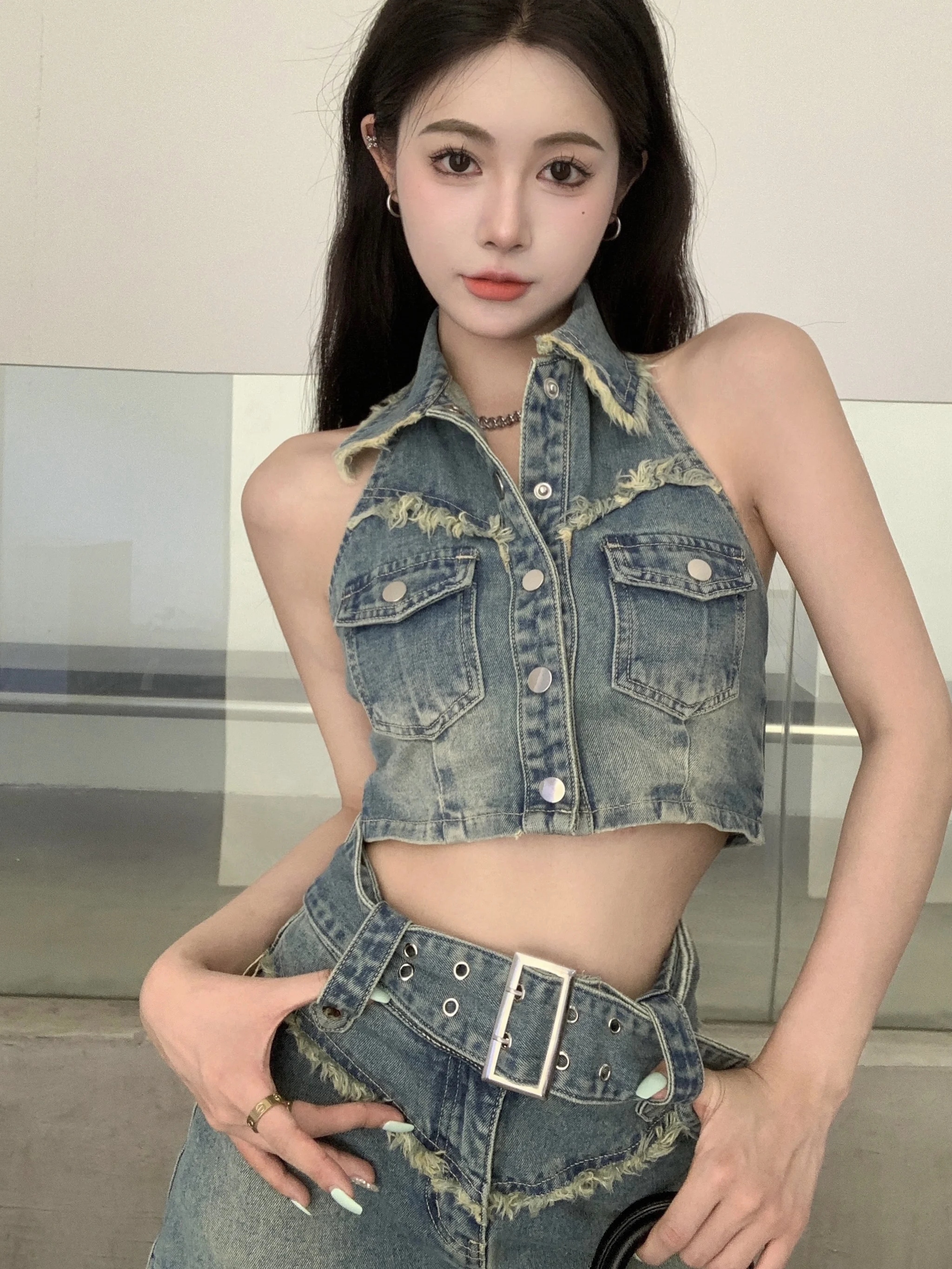 

Джинсовый комплект Spicy Girl, женский модный летний комплект 2023, висящий жилет Ne, полубоди, юбка, уличный костюм из двух предметов