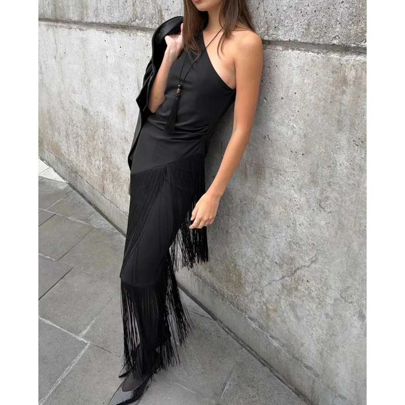 Women's One Shoulder Tank Tops Sleeveless Shirt Dress Y2k Solid Color Side Ruched Tassel Triangle Hem Slim Fit Vest