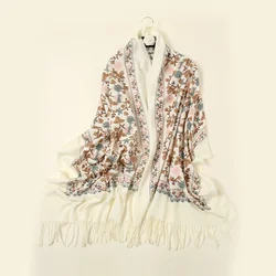 Winter Imitation Cashmere Shawl Thickened Tassel Scarf Floral Embroidery Pashmina For Women Warm Wraps Elegant Scarves 200*70cm