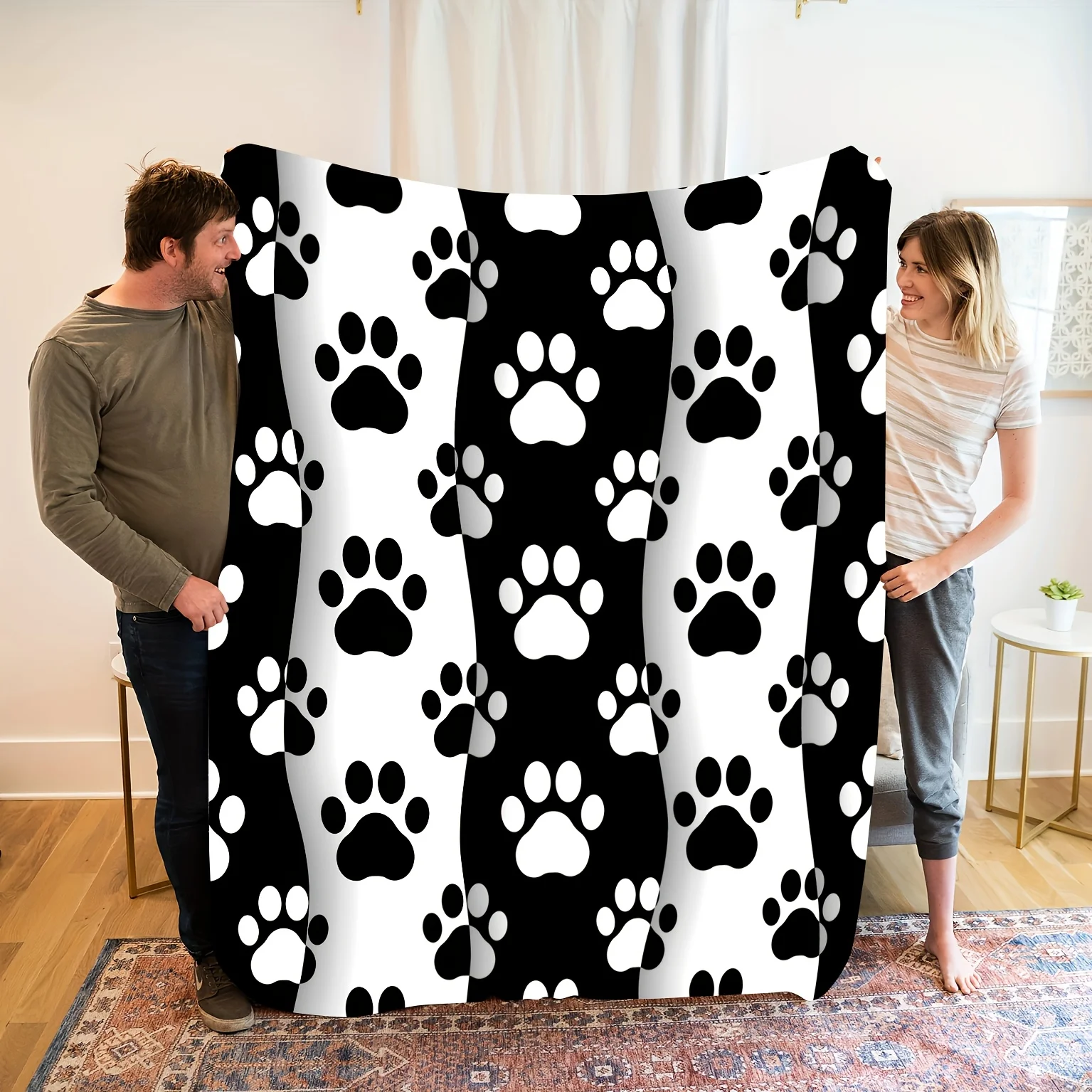 Flannel Paw Throw Monochrome Paw Design Plush Flannel Throw For Living Room Bedroom Snuggling Trendy Adorable Certified
