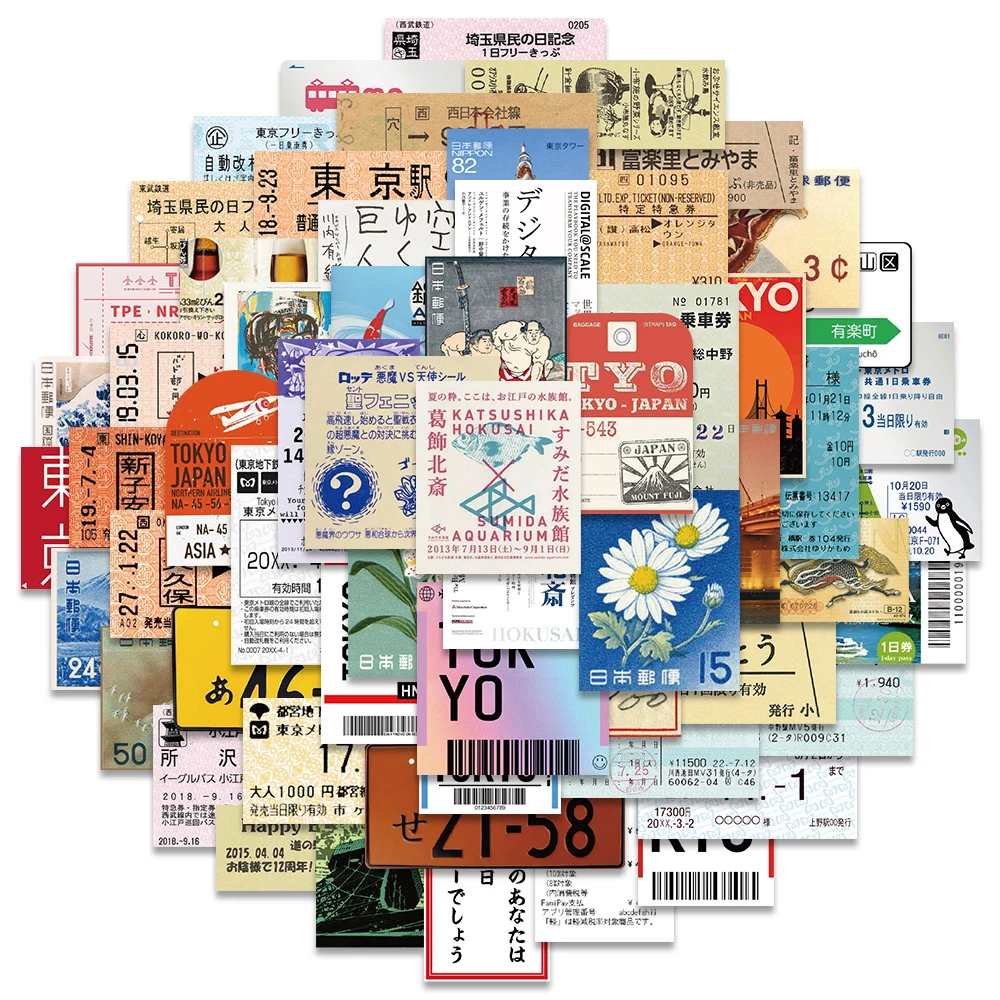 10/30/60pcs Vintage Japanese Travel Tickets Stickers Cartoon Creative Decals Decoration Suitcase Laptop Phone Sticker Wholesale
