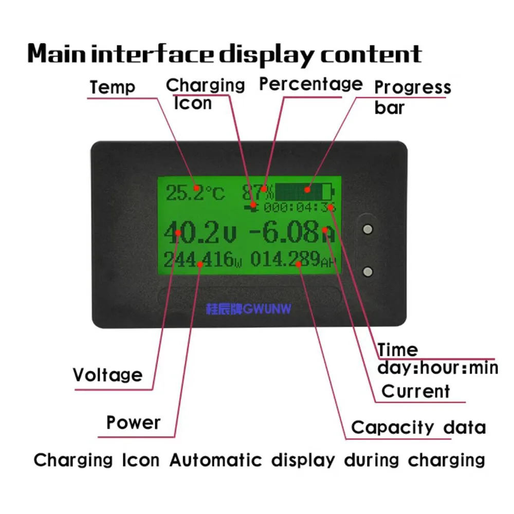 DC 200V Coulomb Meter Battery Capacity Power Display Voltmeter 24V 48V 60V Li-ion Lead-acid Lifepo4 BMS charge discharge meter
