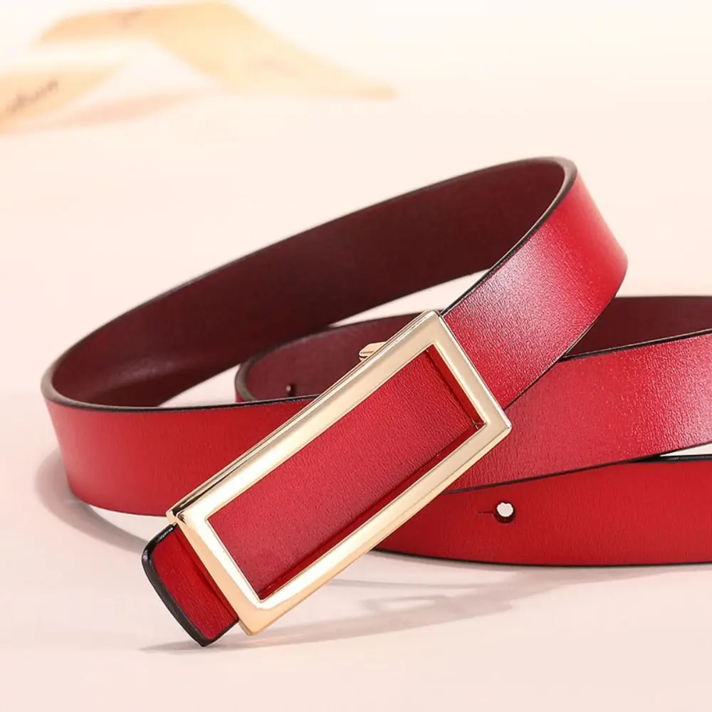 Strapsa Fashion Sabuk Kulit Asli Gesper Persegi Panjang Sabuk Tipis Dapat Disesuaikan Dekoratif Elegan Sabuk Sempit Wanita