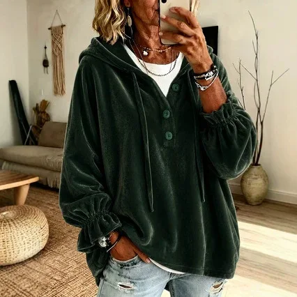 Women's Velvet Hooded Sweatshirt Half Button Drawstring Long Sleeve Lantern Sleeve Versatile Commute Daily Wear Pullover Hoodie