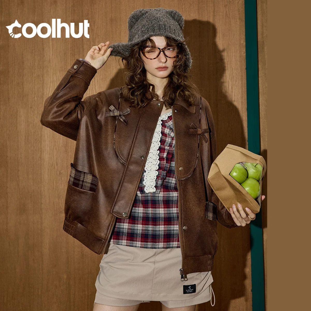 

COOLHUT Molard Retro 2025, винтажная женская кожаная куртка в клетку Y2K в стиле пэчворк, короткое свободное осеннее пальто в милом и крутом стиле