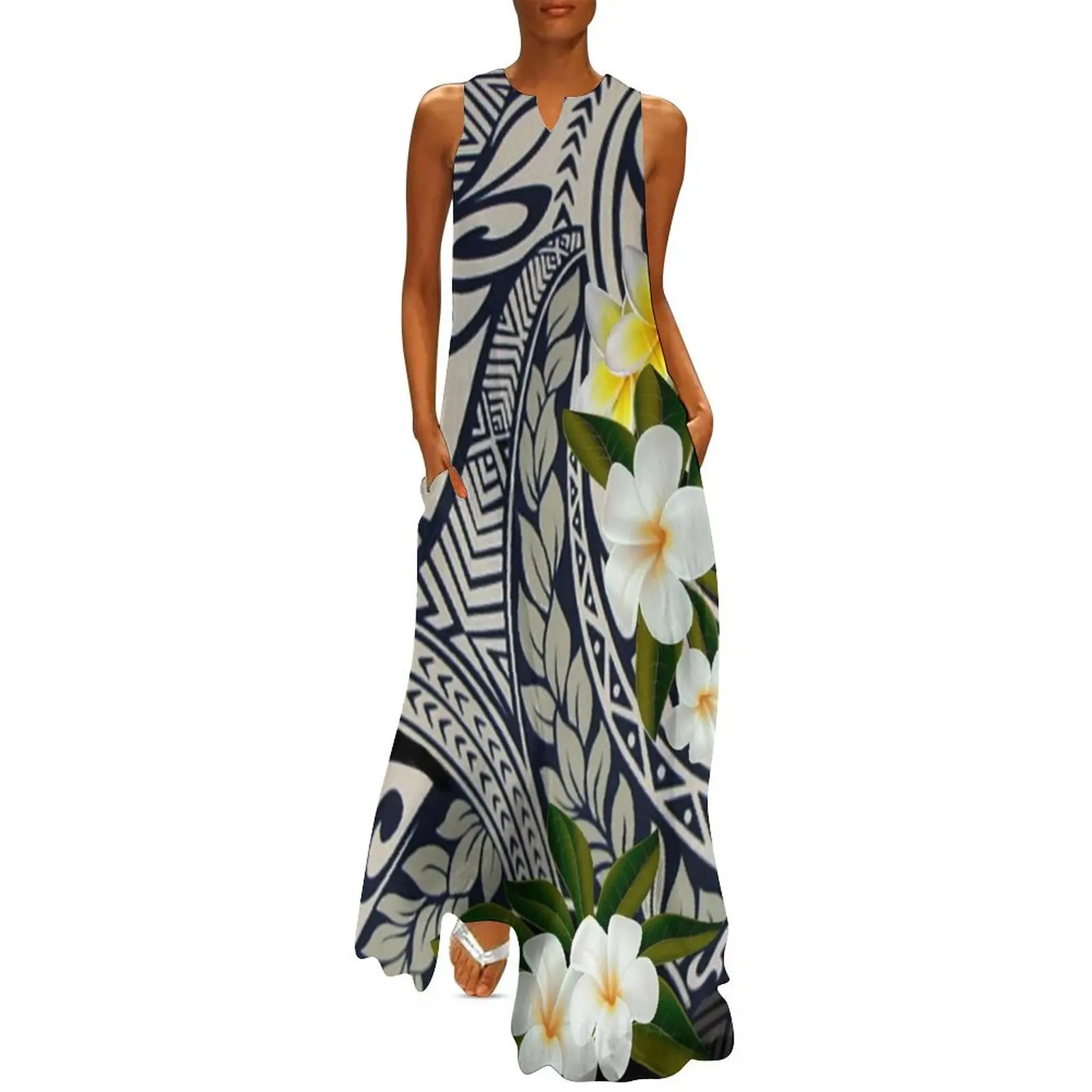 

Traditional Hawaiian Tapa and Plumeria Long Dress ladies dresses for special occasions cocktail dresses women long dresses Dress