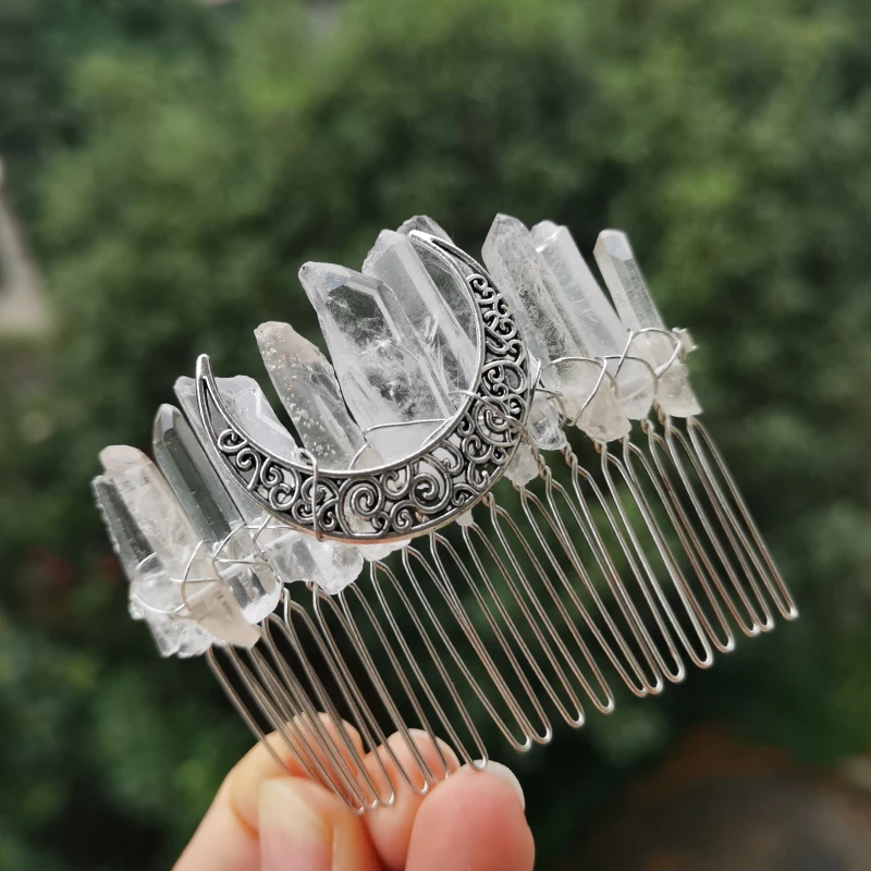 Natural Raw Crystal Quartz Viking Crown Witch Craft Hair Comb Moon Stone Tiara Pin Wedding Stones Woman Jewelry Accessories