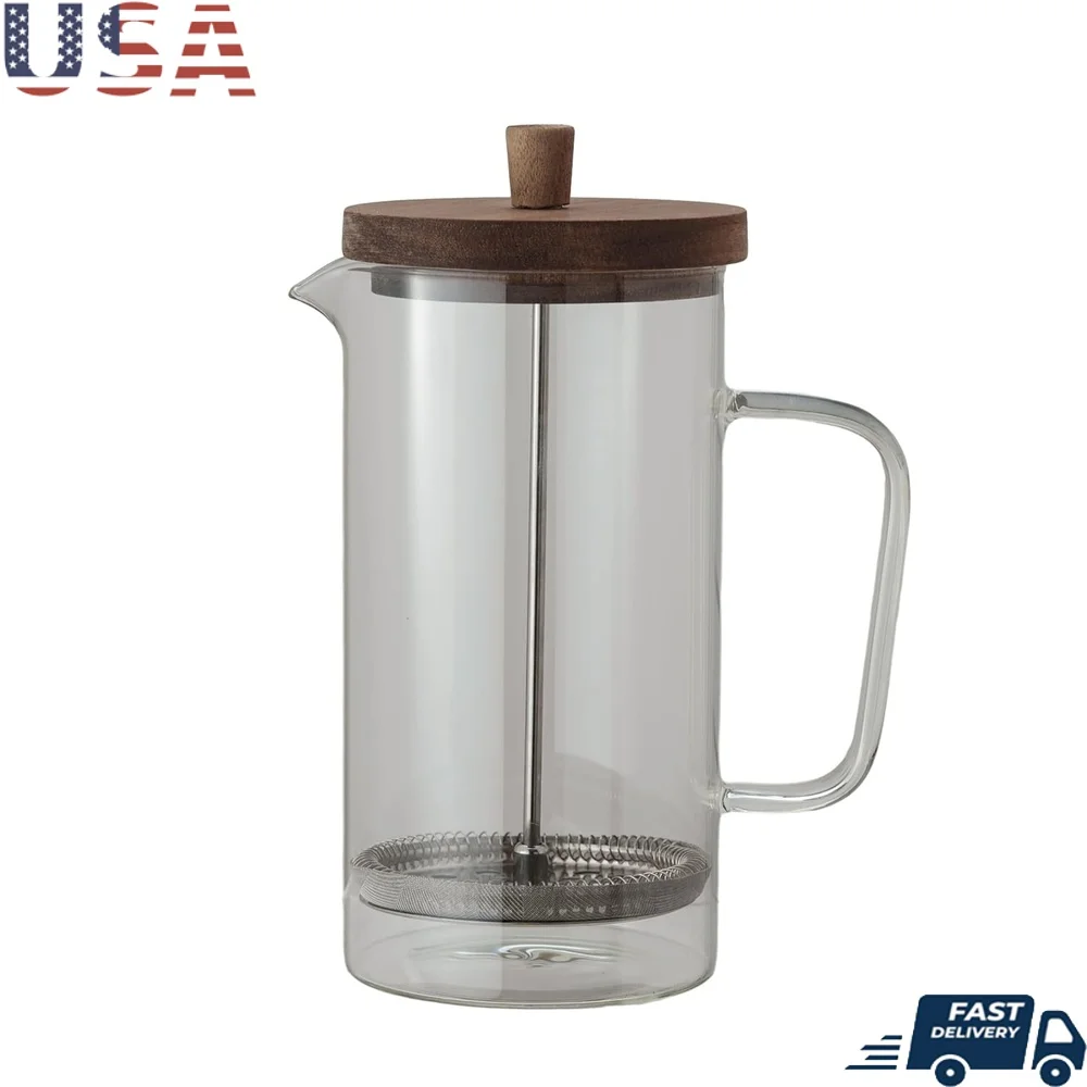 

Elegant French Press Coffee Maker 36 Oz Acacia Wood Lid High Quality Glass Stainless Steel 4 Cups Ideal Kitchen