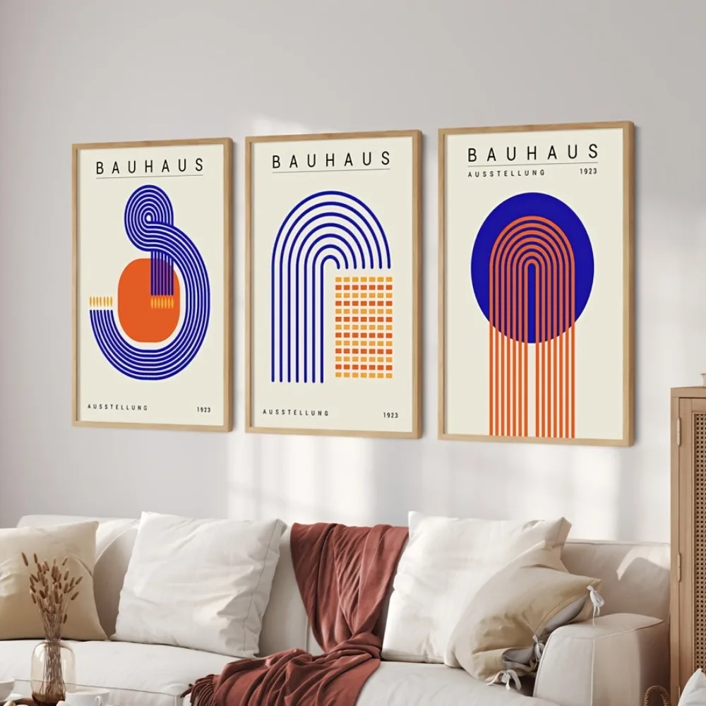 3PCS frameless  3 Blue Abstract Geometric Bauhaus Canvas Posters,Mid-century Modern Prints,Modern Living Room,Bedroom Wall Decor