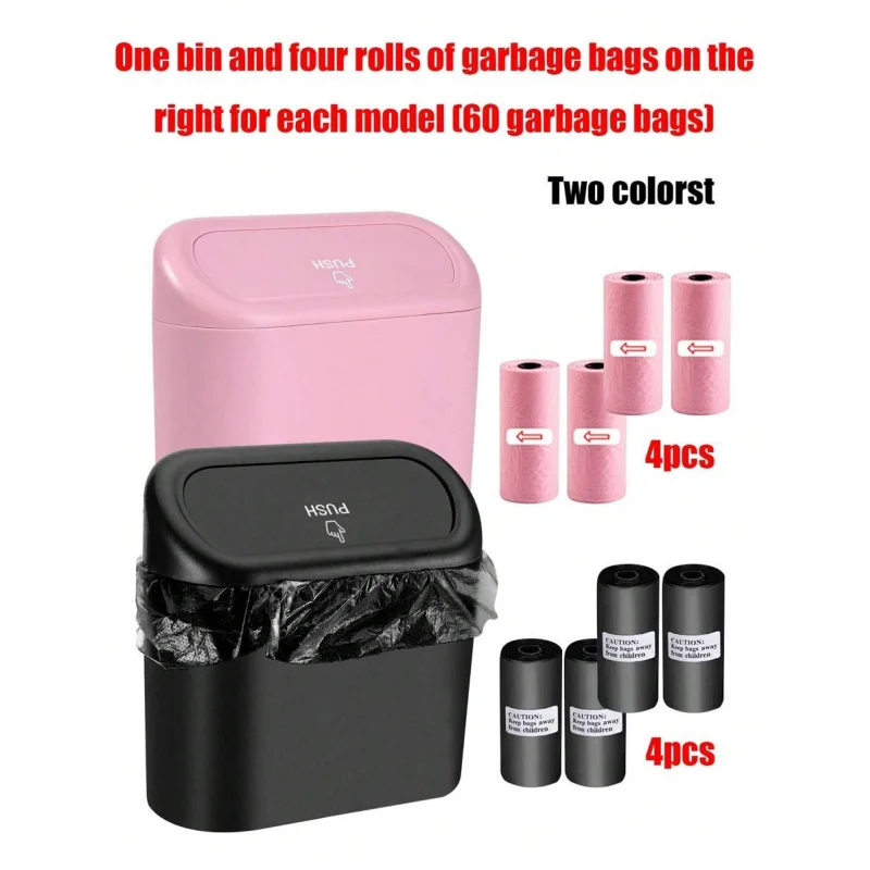 1 Trash Can And 4 Rolls Of Garbage Bags (15 Per Roll, 60 Garbage Bags In Total), Super Cute And Super Practical Car Trash Can