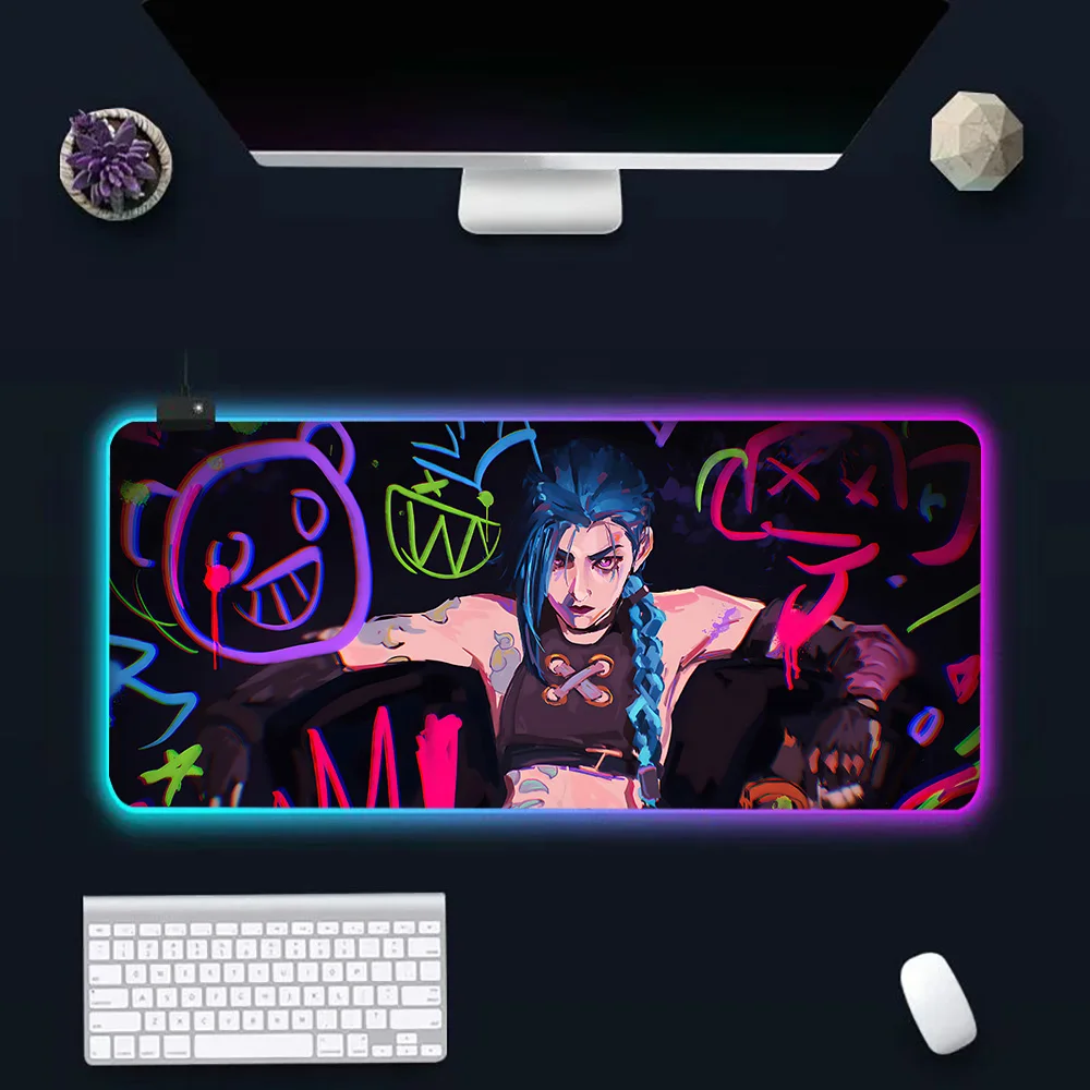 Hot Arcanes Graffiti Jinxs Ekko RGB Pc Gamer Keyboard Mouse Pad Mousepad LED Glowing Mouse Mats Rubber Gaming Computer Mausepad