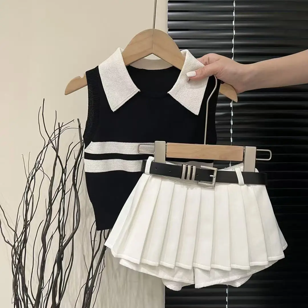 

Baby Girls Knitted Polo Shirt Summer Set Latest Children's Western style Tank Top Fashionable Pleated Skirt Two Piece Set 2-9Y