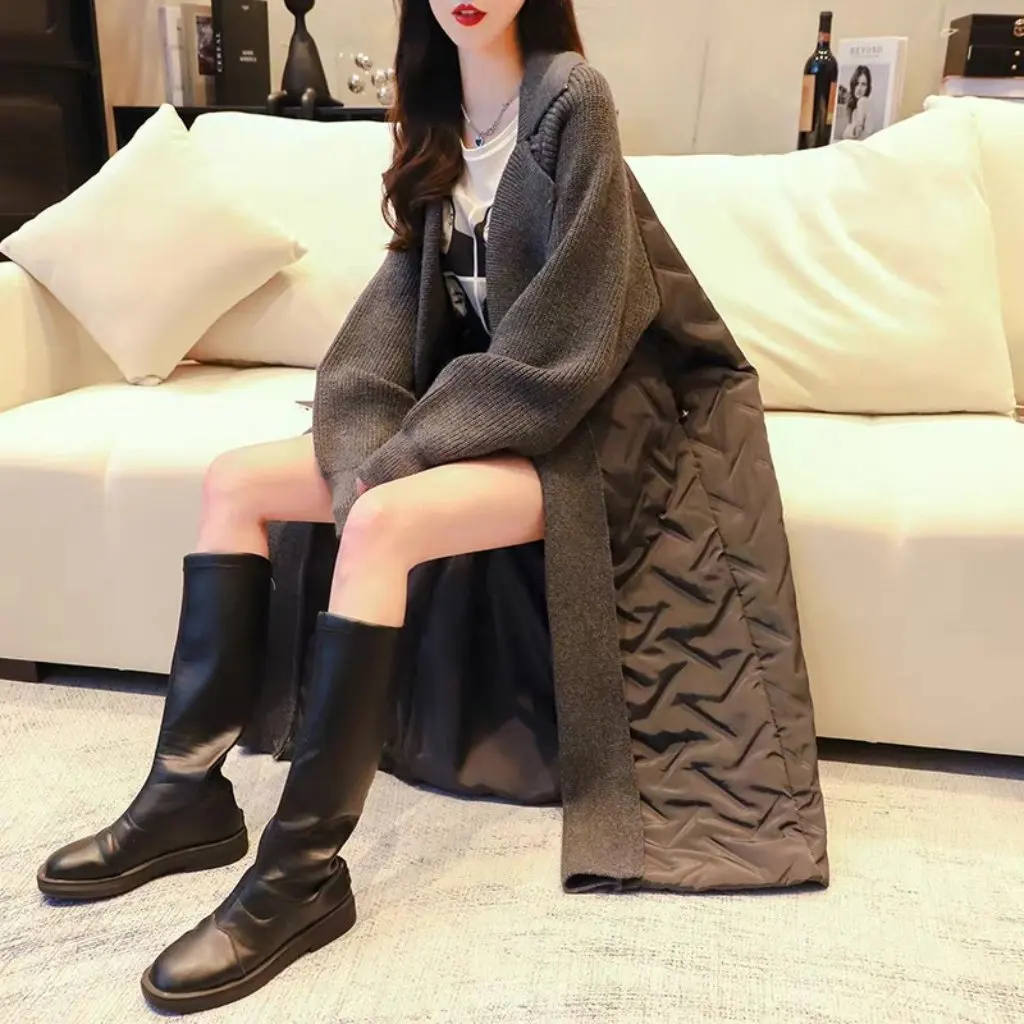 

Women's Hooded Cardigan Sweater Mid-Length Loose Stitching Knitted Coat Autumn Winter Lazy Style New Arrival