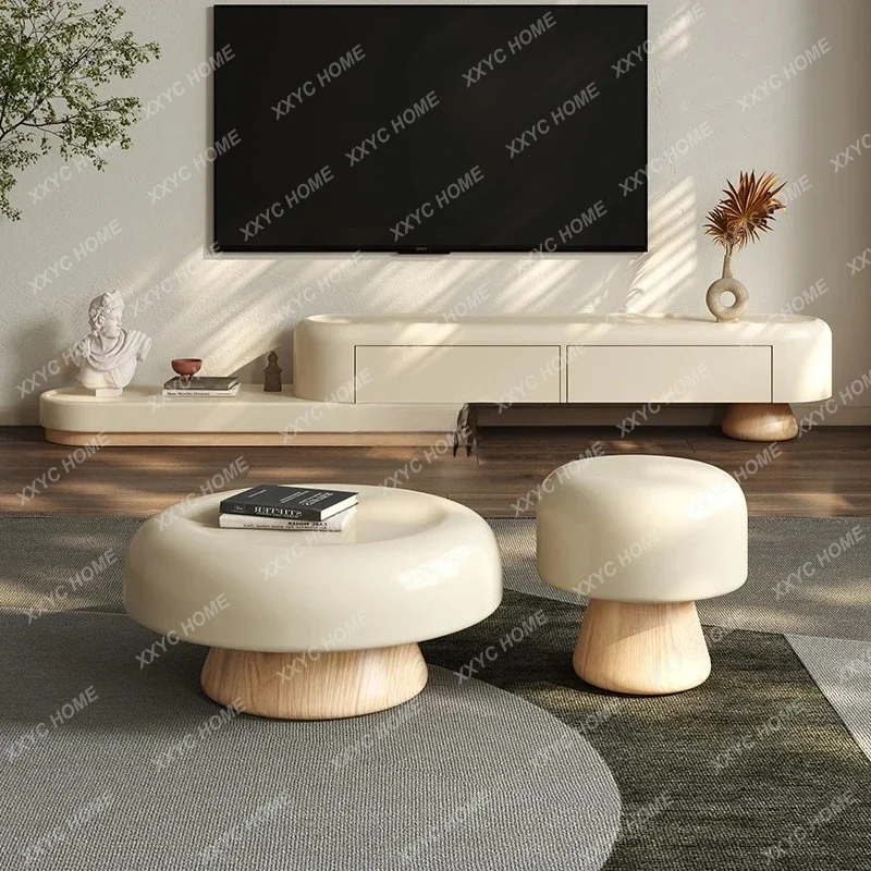 A  Log cream high-end round coffee table living room household solid wood paint combination