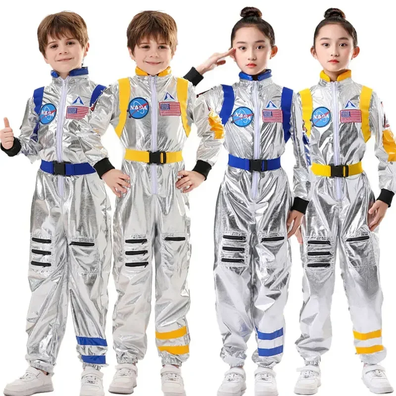 Astronaut Costume Kids Astronaut Silver Jumpsuit Space Themed Party Dress Up Boys Girls Spaceman Cosplay Children Space Suit