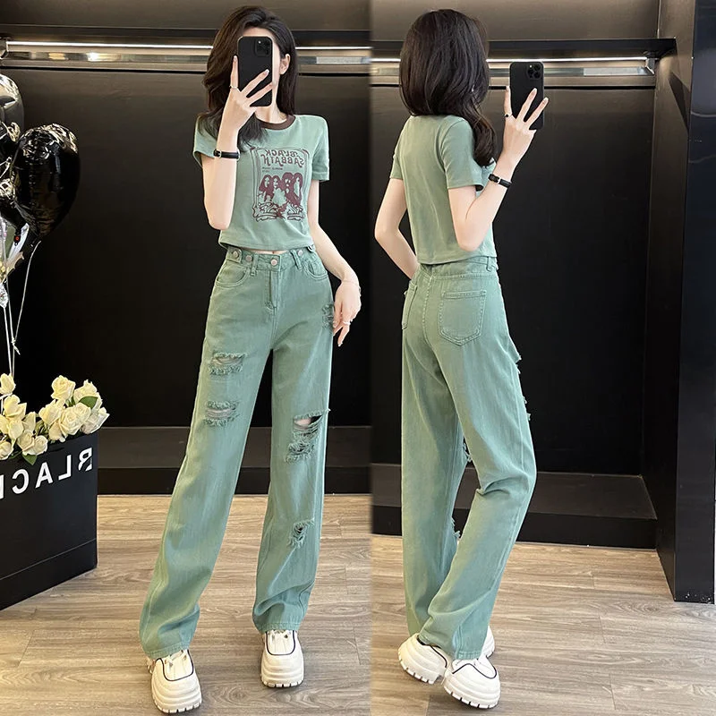 

2024 Summer New Casual Fashion T-shirt Set for Women, Ripped Jeans, Short Sleeved Top, Stylish And Age Reducing Two-piece Set