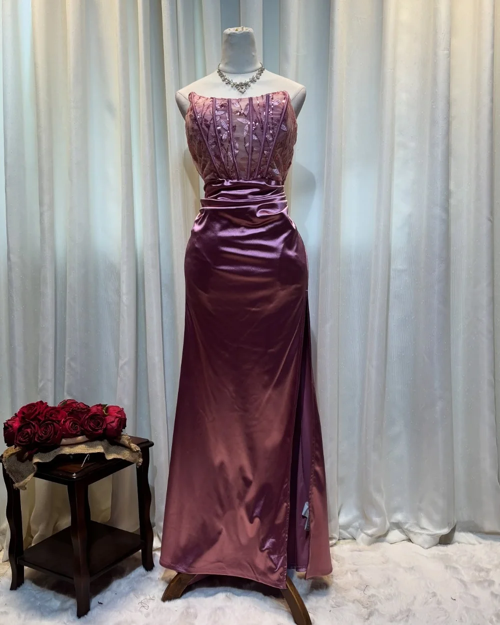 

Customized Sizes Available Pleat Flower Sequined A-line Strapless Long Dresses Bespoke Occasion Fashion Modern Style