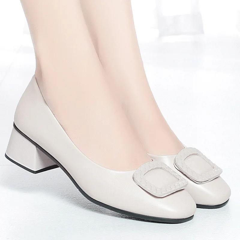 

Soft Pu Leather Women's Low Heel Shoes Shallow Mouth All-match Comfortable Pumps Thick Heels Ladies Work Small Leather Shoes