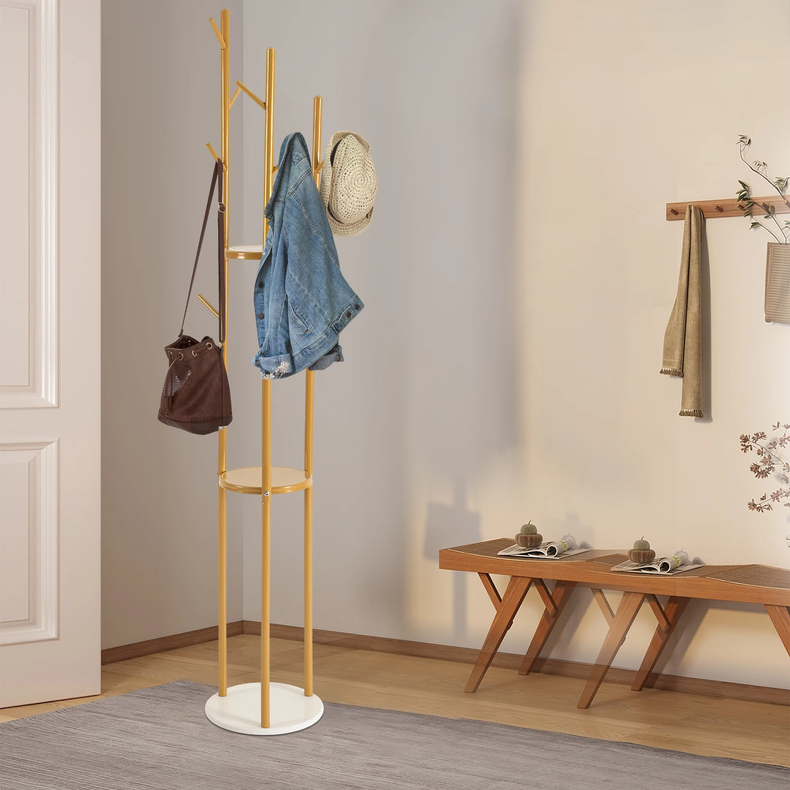 Freestanding Metal Coat Rack with Round Head Hook Modern Style Dendritic Look Clothes Hanger 9 Hooks Easy Installation