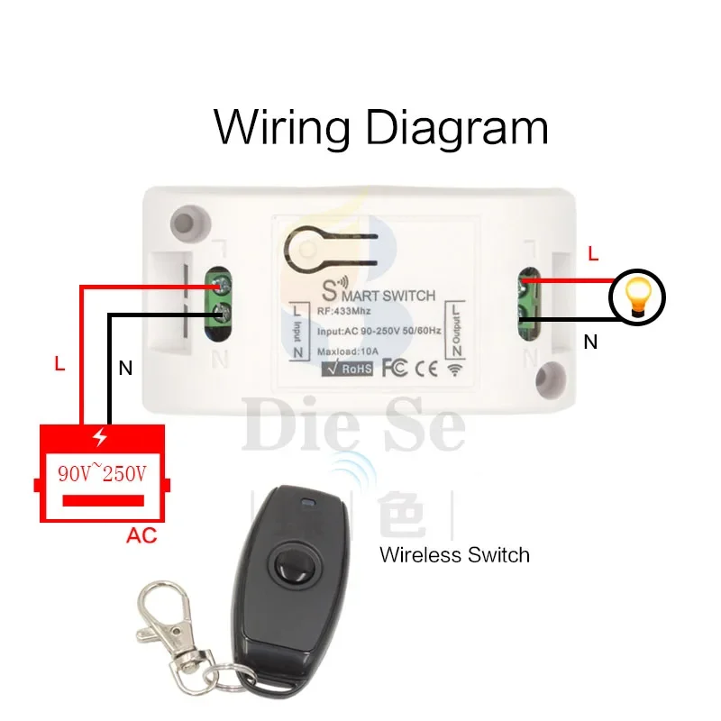 DieSe Universal Wireless Remote Control 433Mhz AC 90~220V 10A 1CH Relay Receiver Module, Fobs For LED and Light Lamp