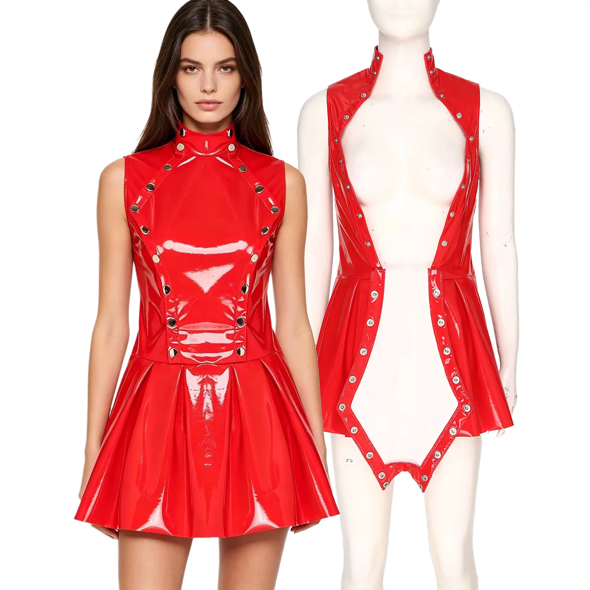 

Women Wet Looking PU Dress Buttons Open Front Overlay Sleeveless Pleated Hem Glossy Vinyl Dress for Nightclub Rave Skirts Dress