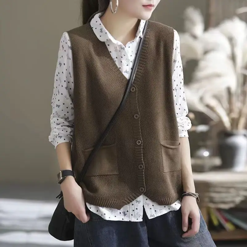 Fashion V-Neck Spliced Button Pockets Cardigan All-match Vest Sweater Women's Clothing 2022 Autumn New Loose Casual Tops