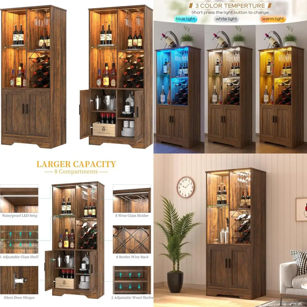 

Высокий кухонный шкаф в стиле фермерского дома с регулируемыми полками, кафе-баром, открытым хранилищем и функциями освещения