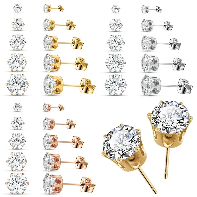 EVISPOL 6Pairs Stainless Steel Stud Earrings for Women Cubic Zirconia Hypoallergenic Cartilage Tragus Helix Ear Piercing Jewelry