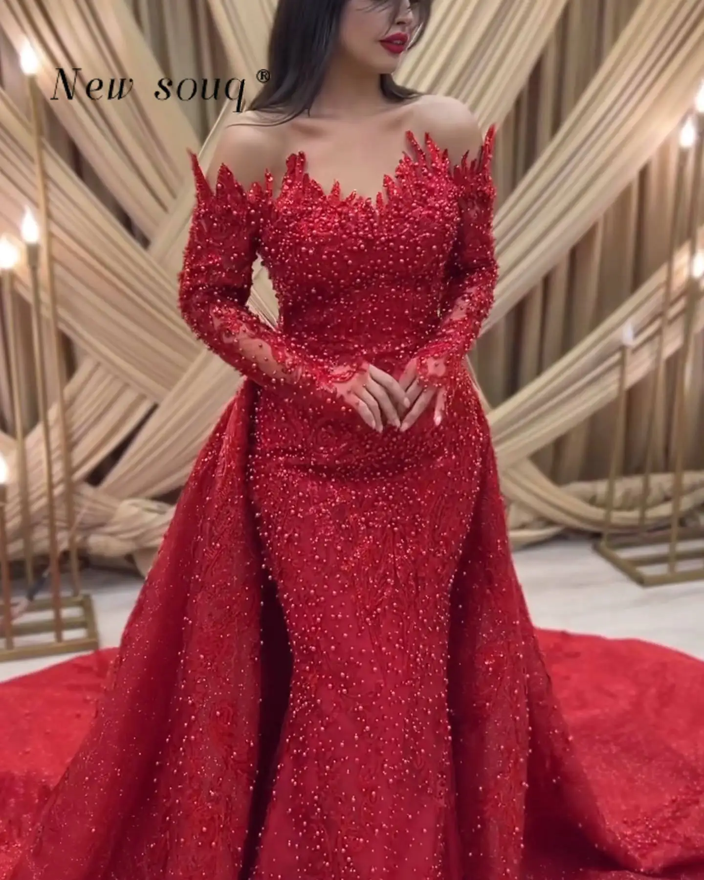 Arabic Red Off Shoulder Long Sleeves Mermaid Evening Dresses with Detachable Train Elegant Beaded Formal Gowns for Wedding Party