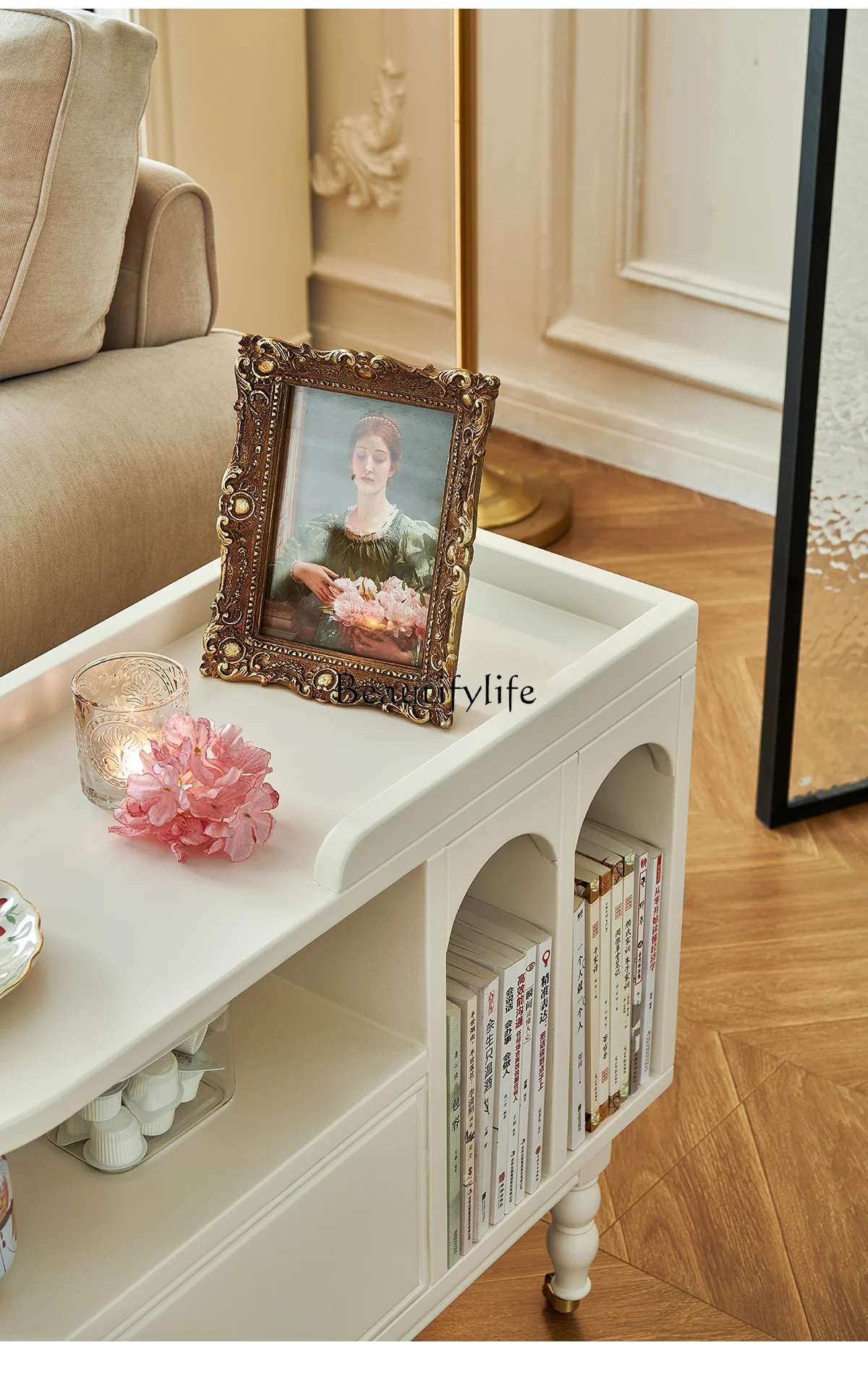 01Cream wind sofa removable side table small coffee table side cabinet living room trolley solid wood