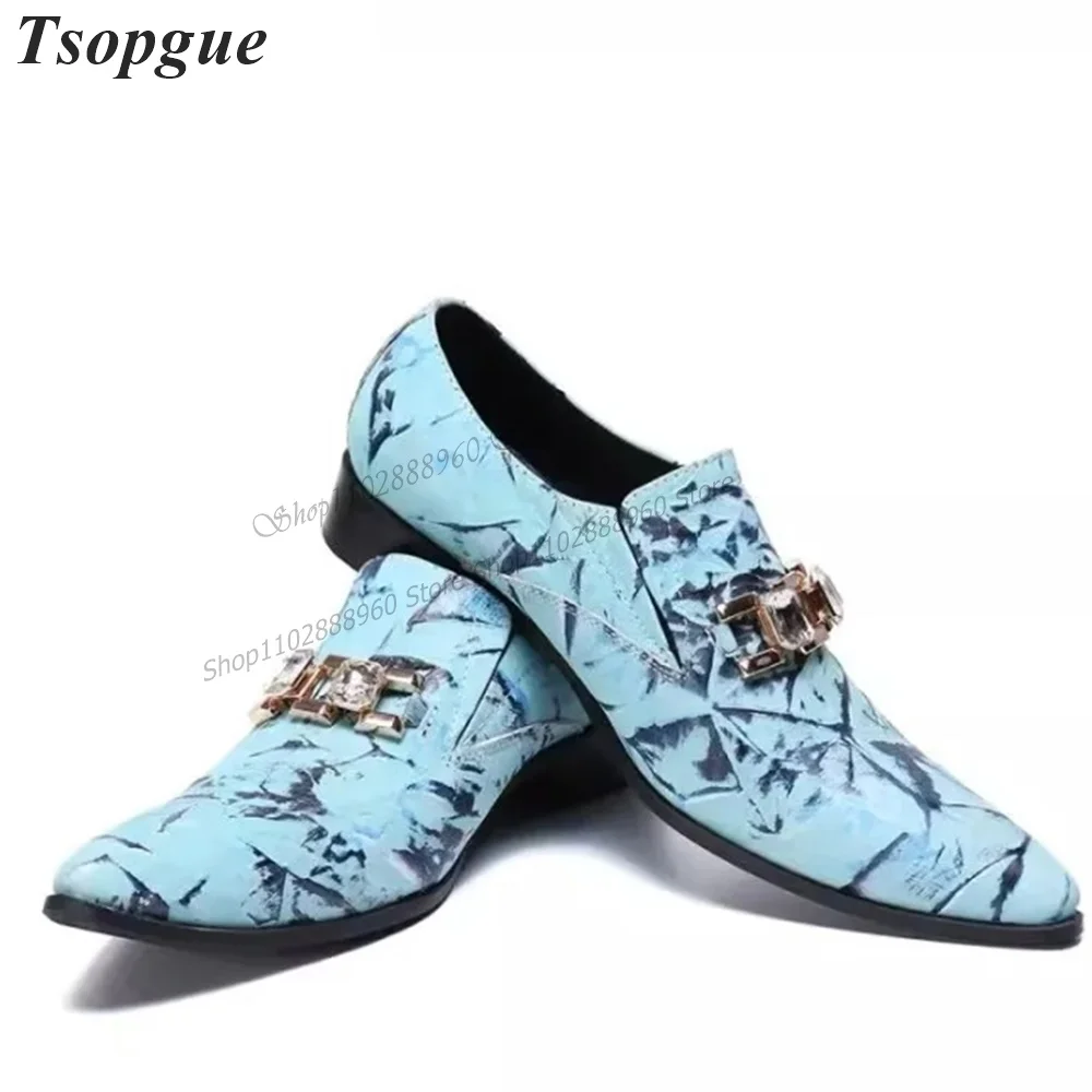 Light Blue Print Metal Crystal Decor Men's Pumps Men Dress Shoes Slip-On Runway Casual Party Shoes 2023 Fashion Zapatillas Mujer