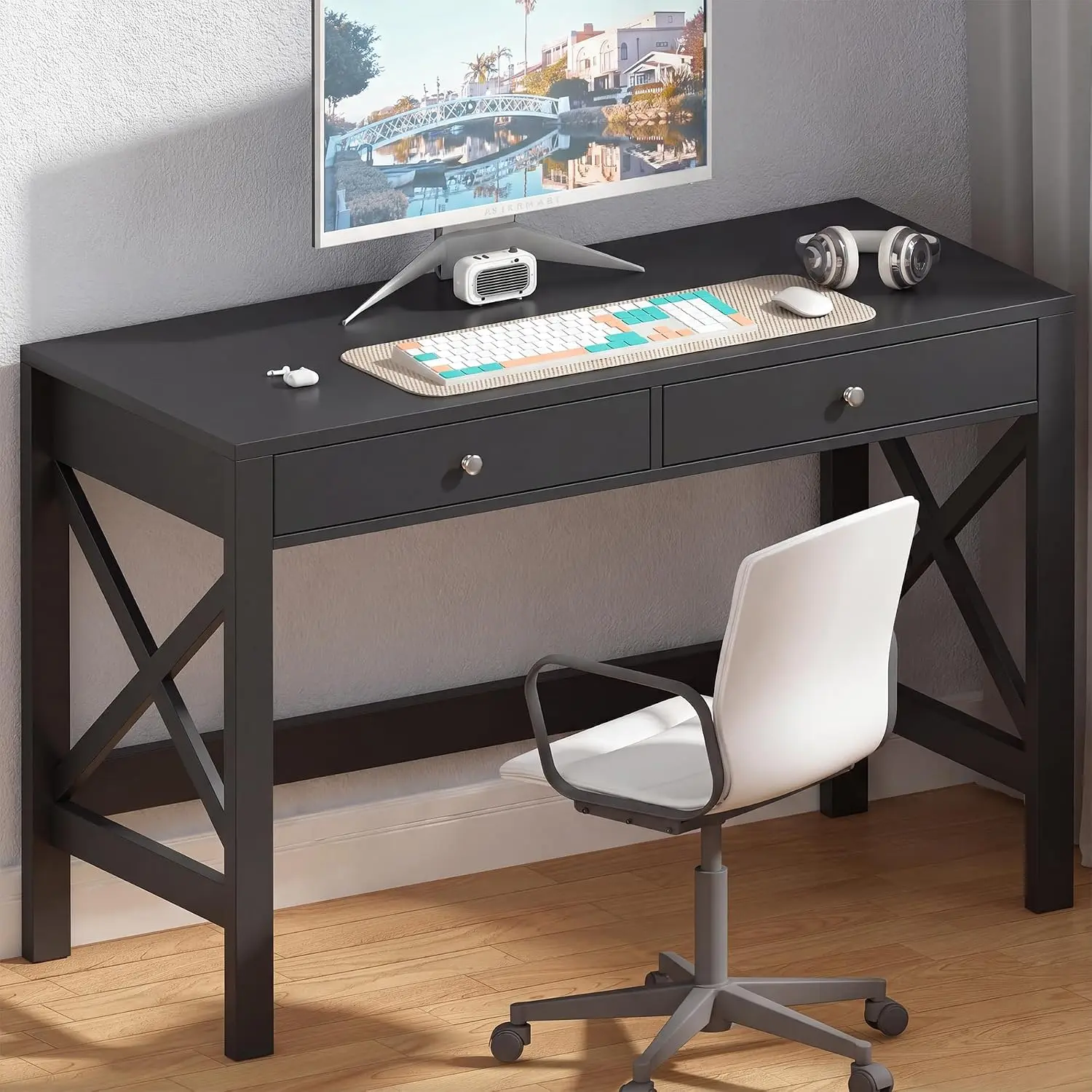 40 Inches Farmhouse Computer Desk with 2 Drawers | Wooden Writing Desk, Study Desk for Home Office, Makeup Vanity, Black