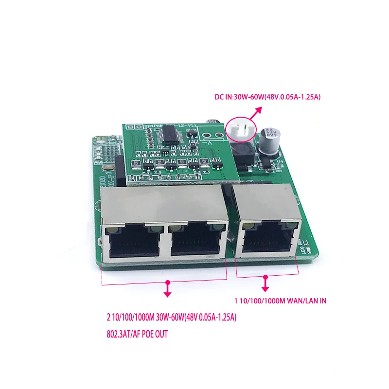 Le module POEShort Gigabit à 3 ports est largement utilisé dans la ligne LED, 3 ports, 10 m, 100 m, 1000m de contact, mini module de commutation PCBA