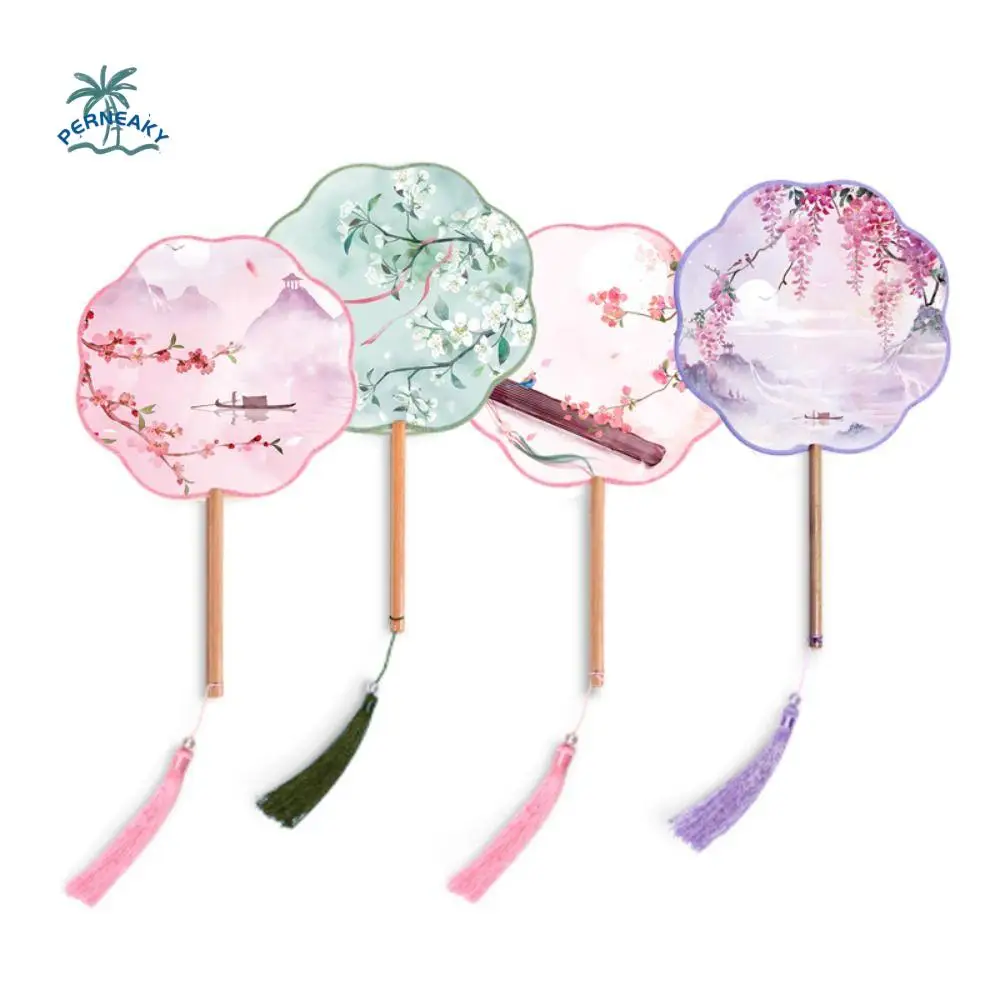

Handheld Chinese Style Round Fan Tassels Floral Pattern Embroidery Fan Translucent with Pendant Silk Fan Photography Prop