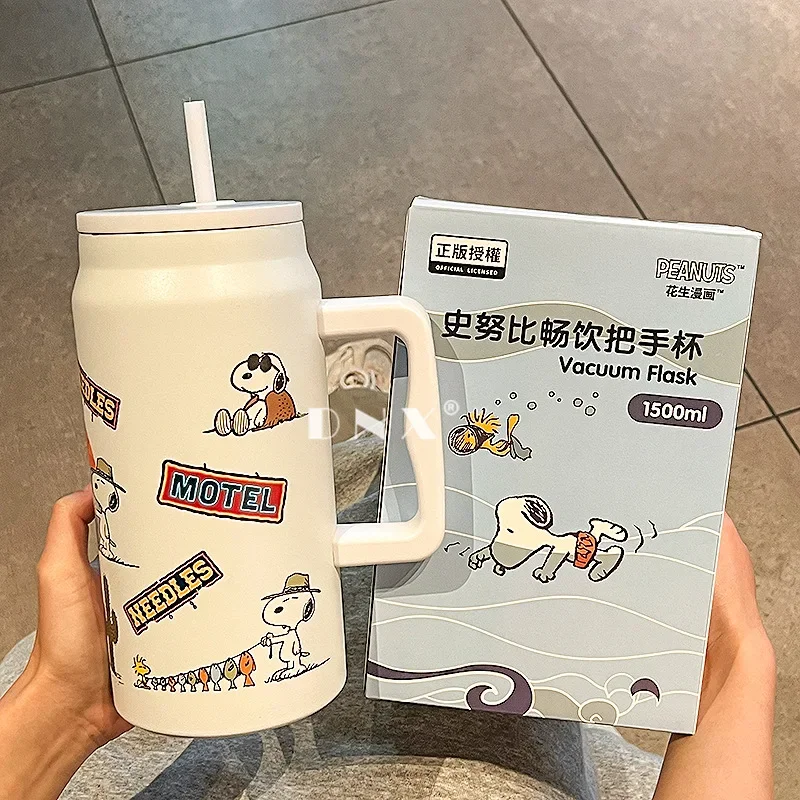 Tasse thermos avec poignée pour garçons et filles, dessin animé SnoAmendments, Anime Kawaii, chiot, paille à pointes, tasse Mac, café froid, bouteille à boire, 1500ml